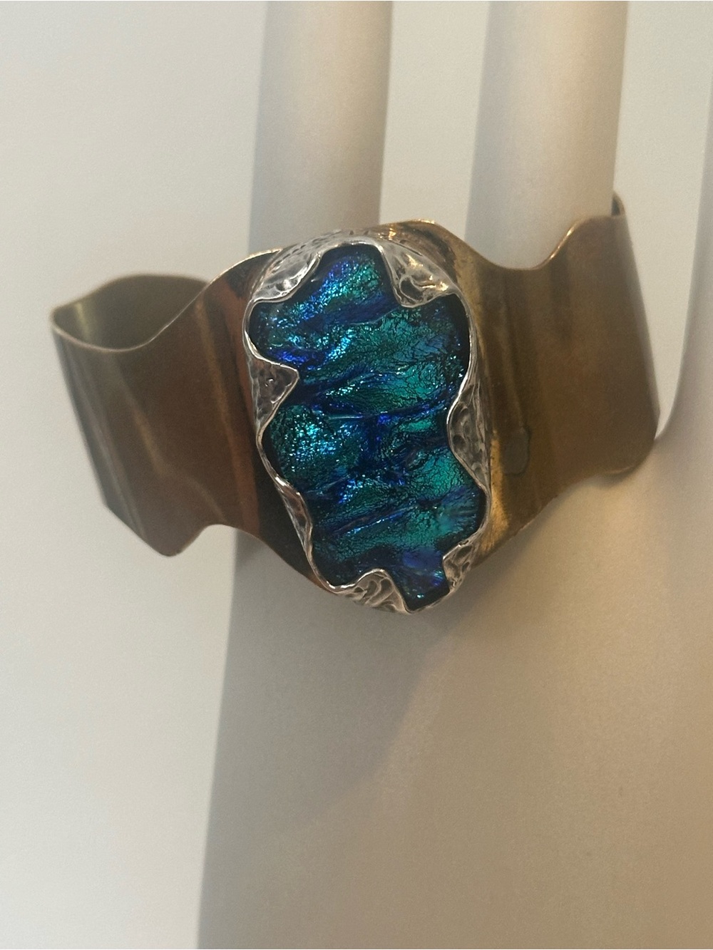 Dichroic Blue-Green Glass sterling silver bezel , brass Cuff Bracelet